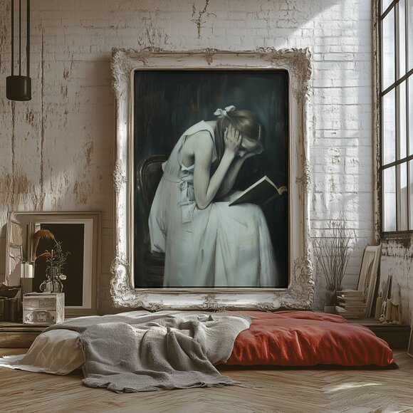 Original Dark Literary Art Print + Digital Copy, Woman Reading - Picture 9 of 10